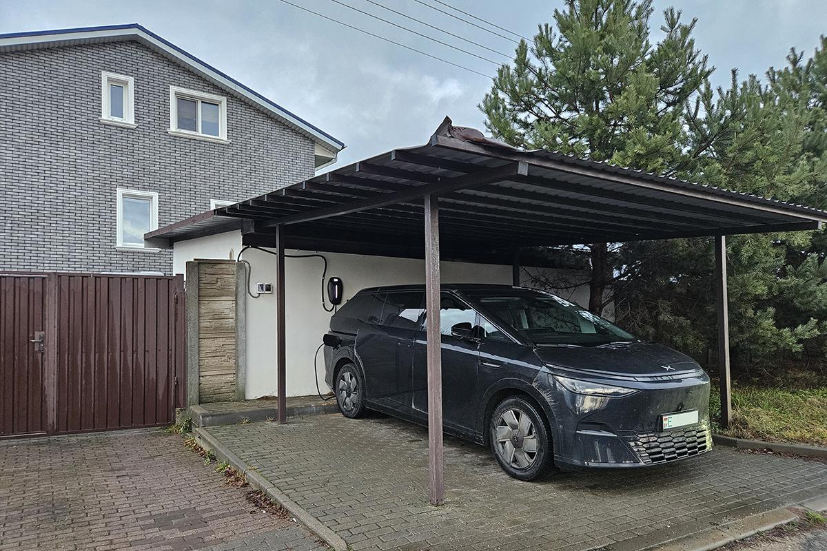 Электромобиль заряжается от домашней зарядки